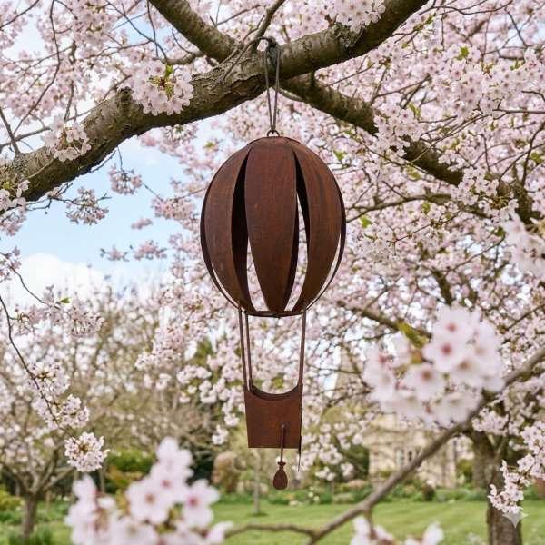 Dekorativer Heißluftballon in Rostoptik mit Pflanzkorb